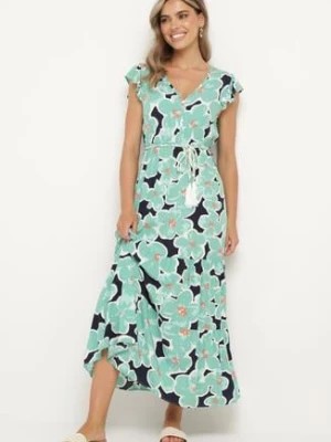Zdjęcie produktu Zielona Wiskozowa Sukienka w Kwiaty z Gumką w Pasie z Ozdobnym Paskiem Vikellie
