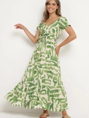Zdjęcie produktu Zielona Wiskozowa Sukienka z Kopertowym Dekoltem i Materiałowym Paskiem z Gumką w Talii Vikailla