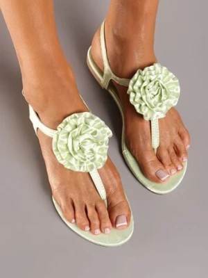 Zdjęcie produktu Zielone Sandały w Stylu Japonek na Płaskiej Podeszwie z Kwiatem Gandrea