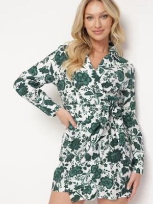 Zdjęcie produktu Zielono-Biała Kopertowa Sukienka z Bawełny w Kwiaty z Wiązaniem w Pasie Ebithia