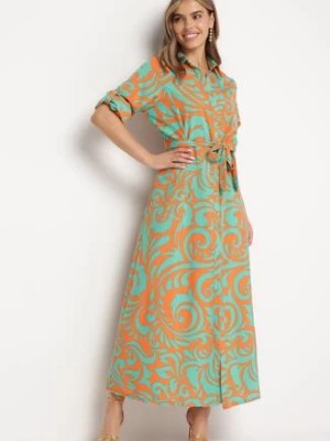 Zdjęcie produktu Zielono-Pomarańczowa Koszulowa Sukienka Maxi z Materiałowym Paskiem w Abstrakcyjne Wzory Terins