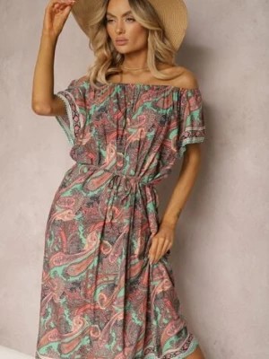 Zdjęcie produktu Zielono-Różowa Sukienka Hiszpanka z Bawełnianej Tkaniny we Wzór Paisley Arissela