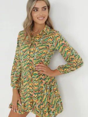 Zdjęcie produktu Zielono-Żółta Rozkloszowana Sukienka Mini z Kołnierzem Annett
