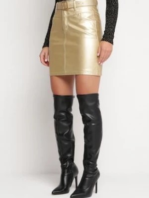 Zdjęcie produktu Złota Metaliczna Spódnica Mini z Imitacji Skóry z Paskiem z Klamrą Lelara