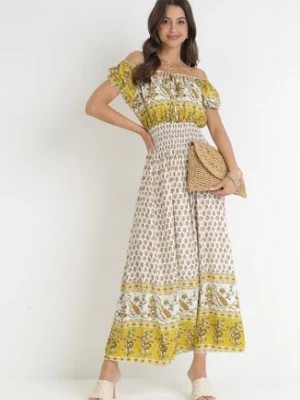 Zdjęcie produktu Żółta Bawełniana Sukienka Maxi z Hiszpańskim Dekoltem i Gumką w Talii Jatza