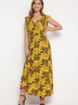 Zdjęcie produktu Żółta Maxi Sukienka Rozkloszowana z Wiskozy z Kopertową Górą Wiracia