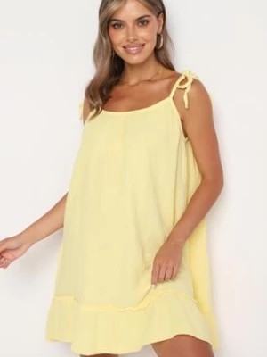 Zdjęcie produktu Żółta Rozkloszowana Muślinowa Sukienka z Bawełny na Wiązanych Ramiączkach Wirvia