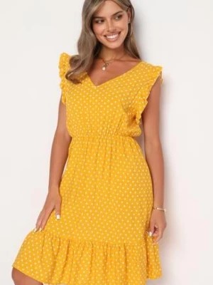 Zdjęcie produktu Żółta Rozkloszowana Sukienka z Bawełną i Wiskozą Wykończona Gumką w Talii z Falbanką Fesvia