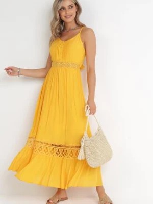 Zdjęcie produktu Żółta Rozkloszowana Sukienka z Koronką na Ramiączkach Sawita