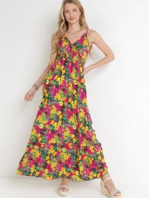 Zdjęcie produktu Żółto-Fuksjowa Sukienka z Wiskozy w Kwiaty i Kopertowym Dekoltem Gelia