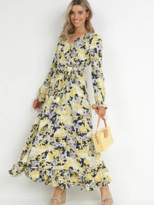 Zdjęcie produktu Żółto-Granatowa Sukienka Maxi z Gumką w Pasie i Falbanką na Dole Bexli